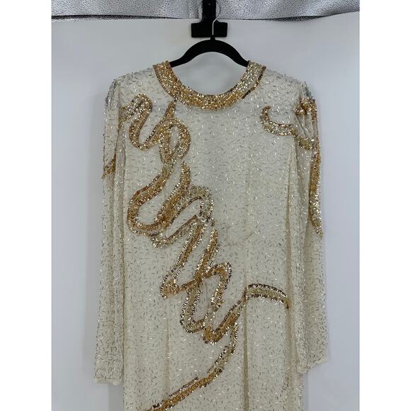 Vintage Cachet Bari Protas Womens 14 Silk Long sleeve Fully Beaded Dress Ivory - Picture 4 of 16